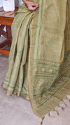 Moss Green Tissue Linen Saree with Hand Embroidery - JL391 - 1