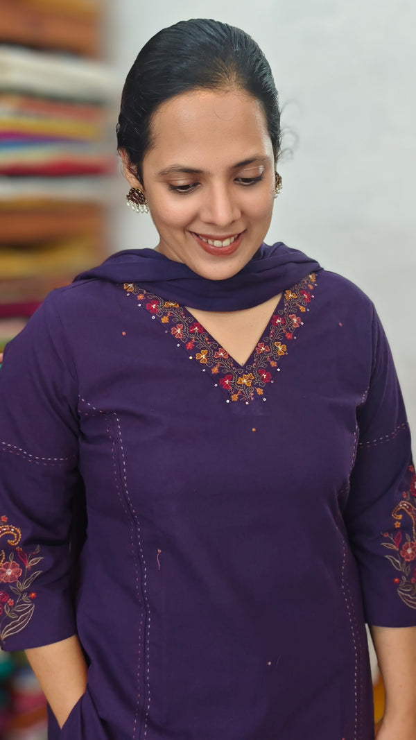 Violet Cotton 3 piece kurti set - RC69