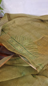 Moss Green Tissue Linen Saree with Hand Embroidery - JL391 - 1