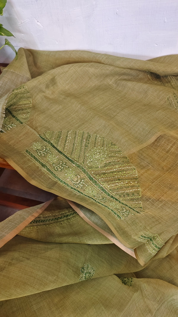 Moss Green Tissue Linen Saree with Hand Embroidery - JL391 - 1