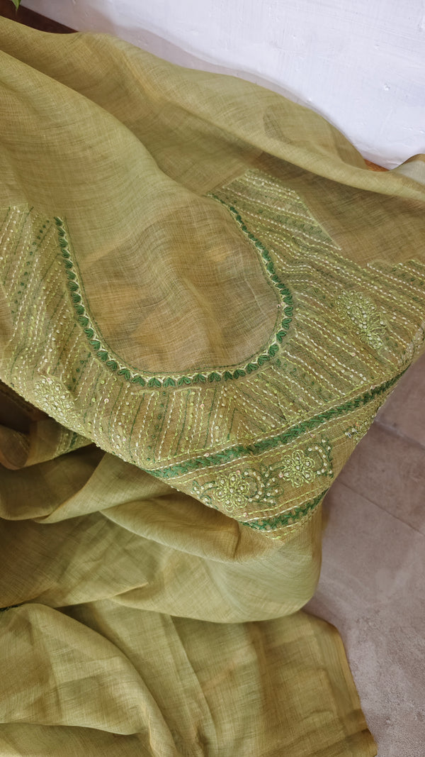 Moss Green Tissue Linen Saree with Hand Embroidery - JL391 - 1