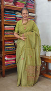 Moss Green Linen Tissue Embroidered Saree - JL391 - 2