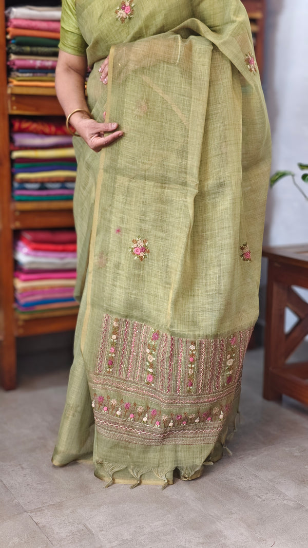 Moss Green Linen Tissue Embroidered Saree - JL391 - 2