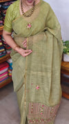 Moss Green Linen Tissue Embroidered Saree - JL391 - 2