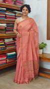 Dark Peach Linen Tissue Embroidered Saree - JL391