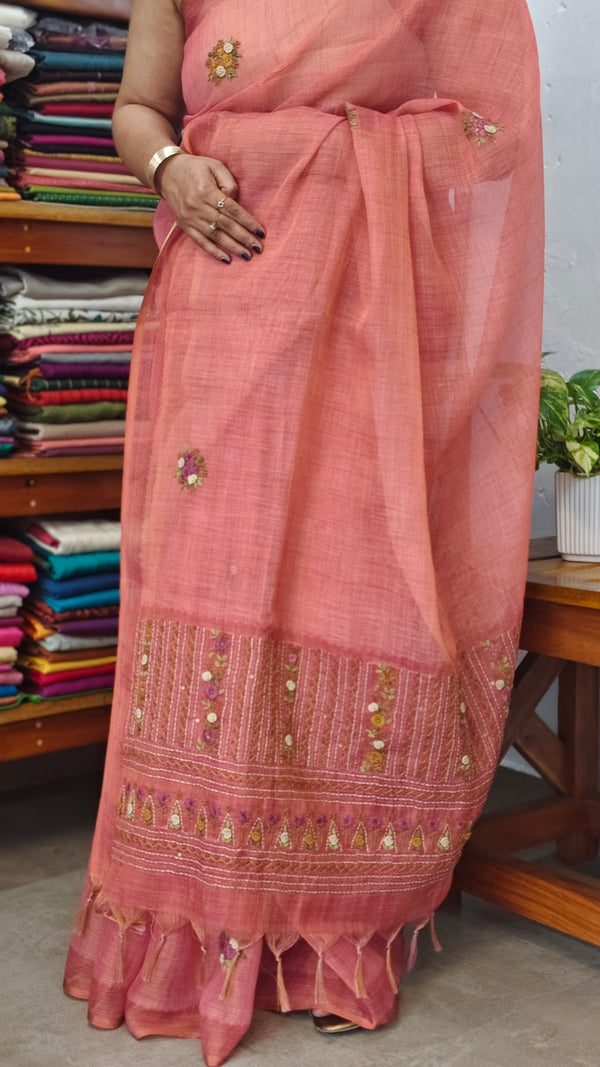 Dark Peach Linen Tissue Embroidered Saree - JL391