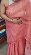 Dark Peach Linen Tissue Embroidered Saree - JL391