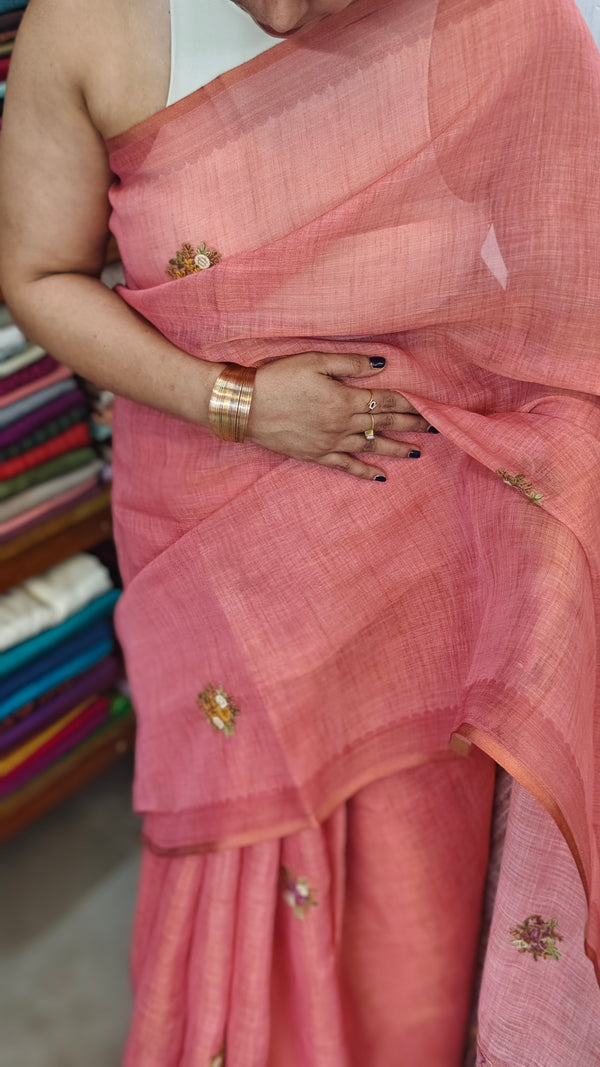 Dark Peach Linen Tissue Embroidered Saree - JL391