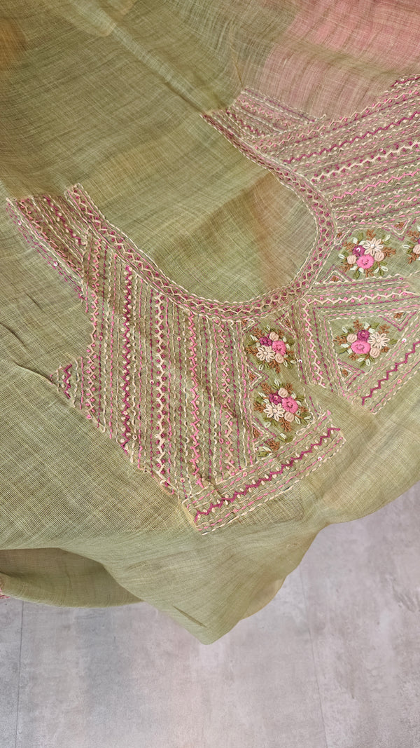 Moss Green Linen Tissue Embroidered Saree - JL391 - 2