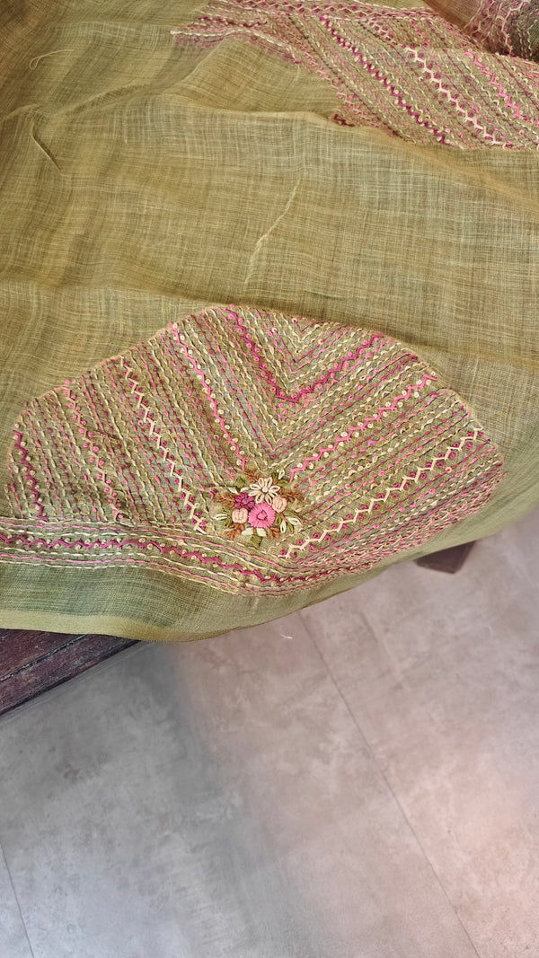Moss Green Linen Tissue Embroidered Saree - JL391 - 2