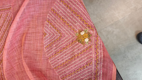 Dark Peach Linen Tissue Embroidered Saree - JL391