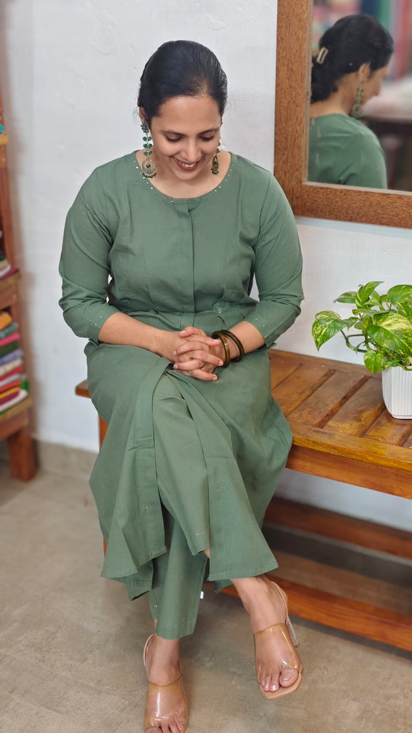 Dark Sage Green Cotton 2 piece Coord Set - RC69