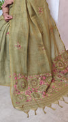 Moss Green Linen Tissue Embroidered Saree - JL391 - 3
