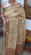 Golden Beige Linen Tissue Embroidered Saree - JL391