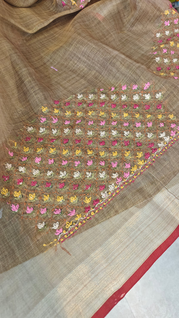 Golden Beige Linen Tissue Embroidered Saree - JL391