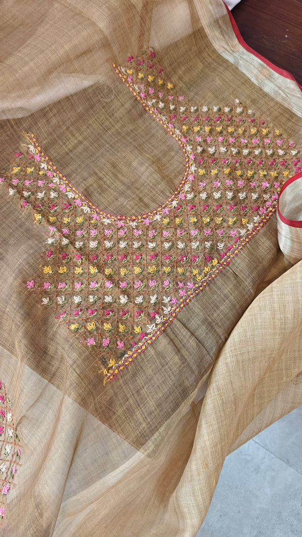 Golden Beige Linen Tissue Embroidered Saree - JL391