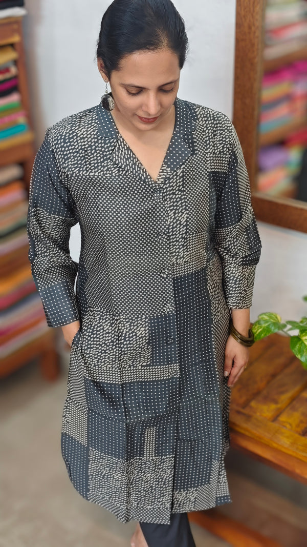 Printed Black Chanderi Silk Kurti Set - RC69