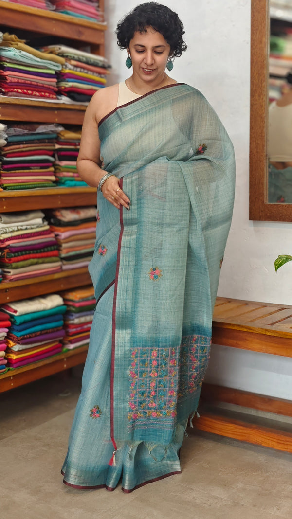 Ice Blue Linen Tissue Embroidered Saree - JL391 - 1