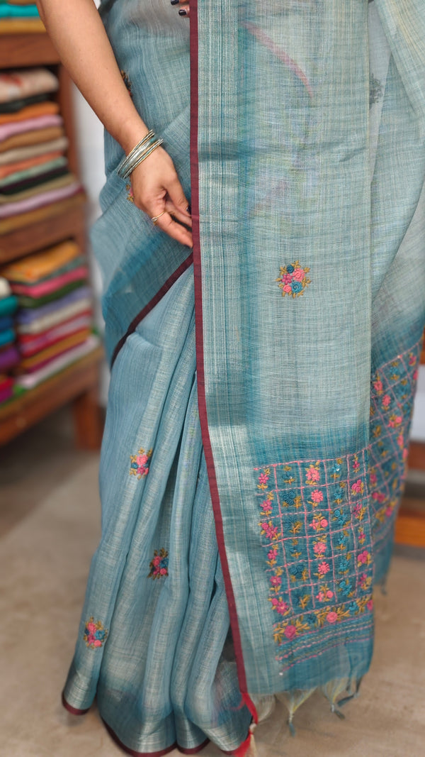 Ice Blue Linen Tissue Embroidered Saree - JL391 - 1