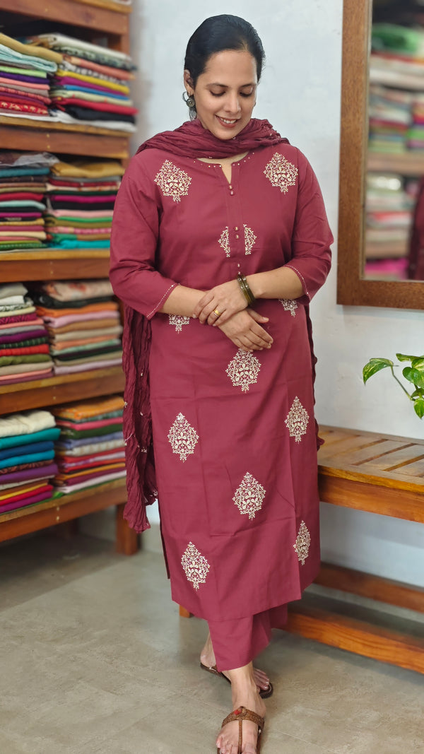 Dark Maroon Cotton 3 piece kurti set - RC69
