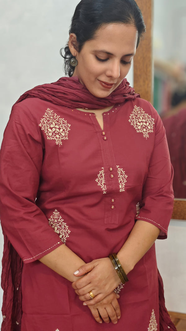Dark Maroon Cotton 3 piece kurti set - RC69