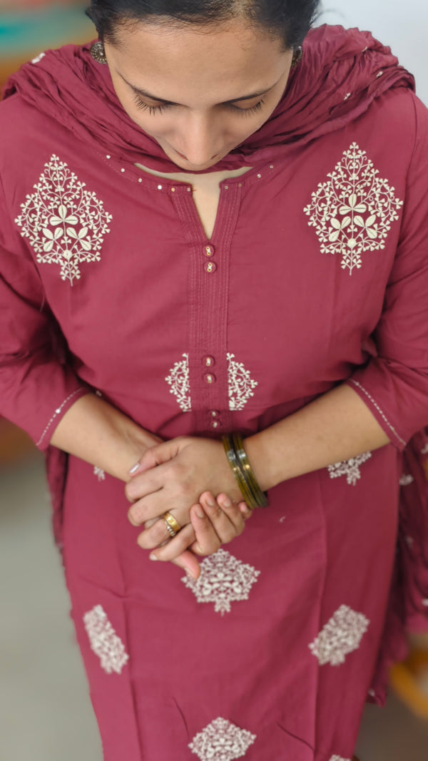 Dark Maroon Cotton 3 piece kurti set - RC69