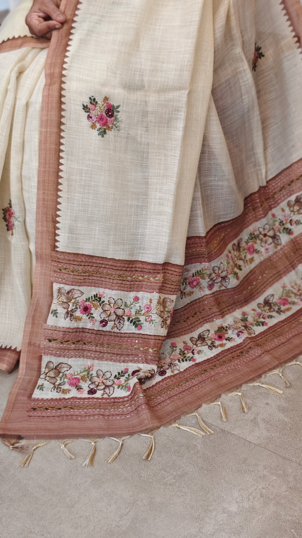Cream Linen Tissue Embroidered Saree - JL391