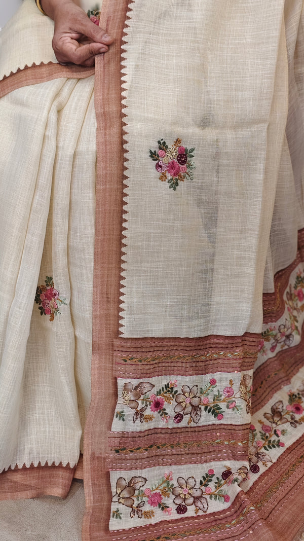 Cream Linen Tissue Embroidered Saree - JL391