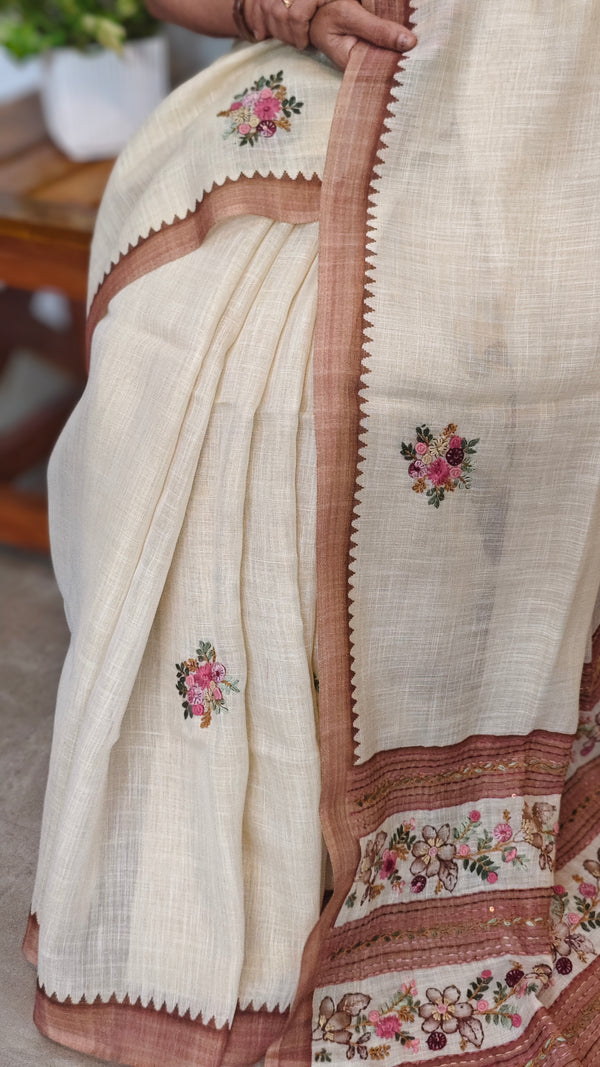 Cream Linen Tissue Embroidered Saree - JL391