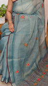 Ice Blue Linen Tissue Embroidered Saree - JL391 - 2