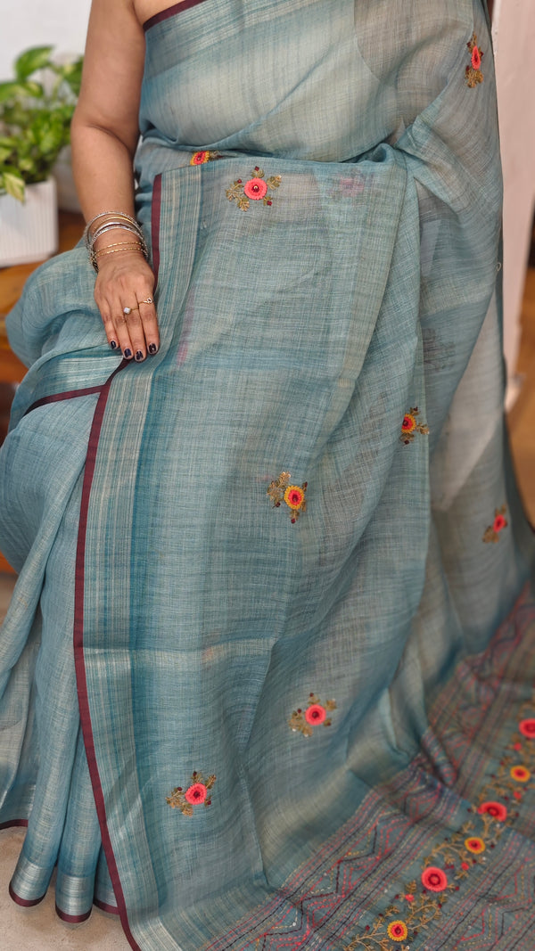 Ice Blue Linen Tissue Embroidered Saree - JL391 - 2