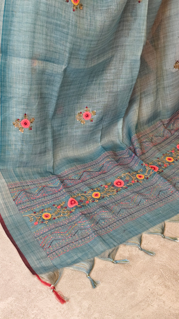 Ice Blue Linen Tissue Embroidered Saree - JL391 - 2