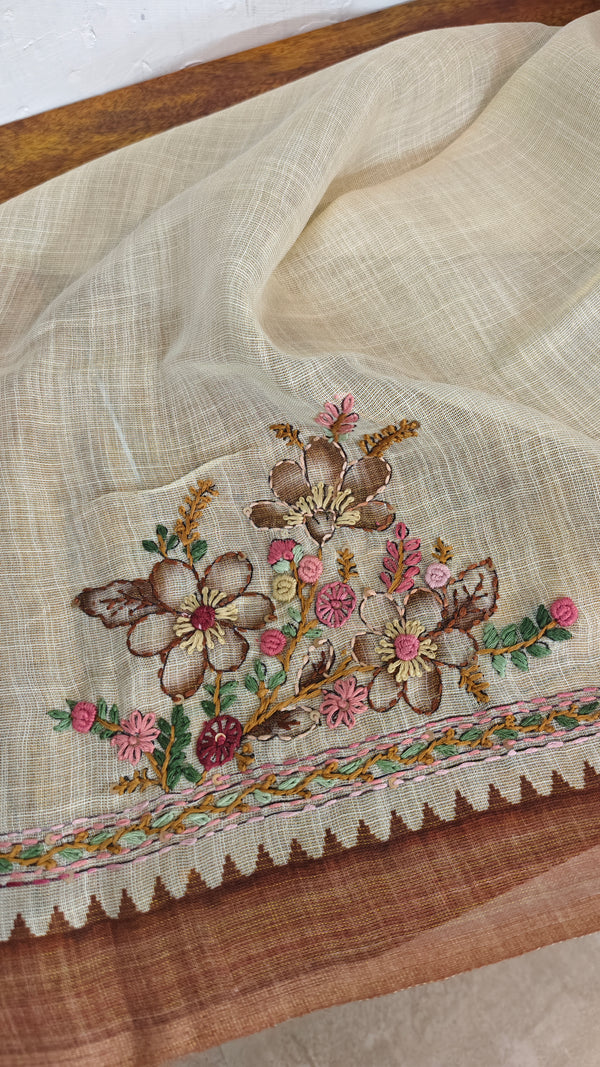 Cream Linen Tissue Embroidered Saree - JL391