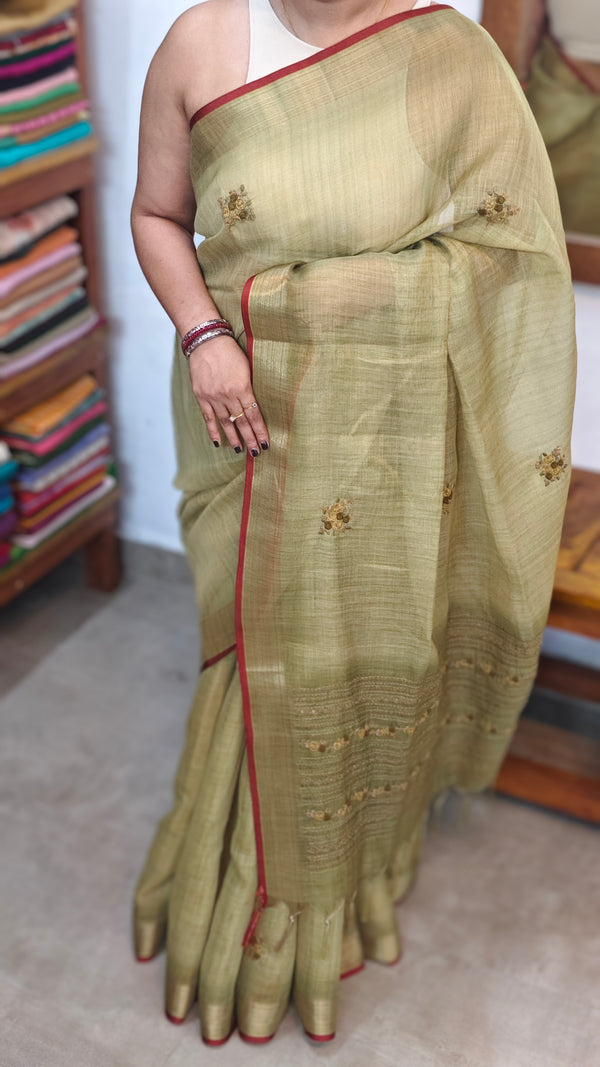 Green Linen Tissue Embroidered Saree - JL391 - 4