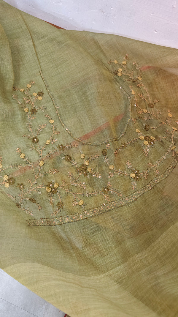 Green Linen Tissue Embroidered Saree - JL391 - 4
