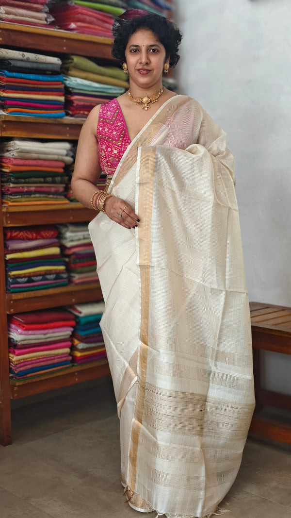 Off white and Gold Mini Checks Pure Tussar Silk Saree - DA42