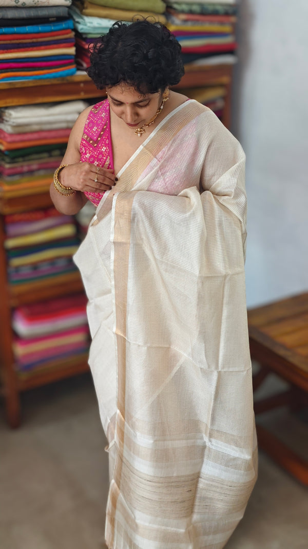 Off white and Gold Mini Checks Pure Tussar Silk Saree - DA42