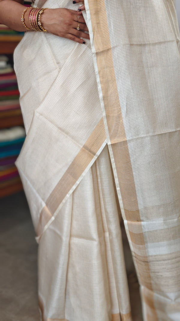 Off white and Gold Mini Checks Pure Tussar Silk Saree - DA42