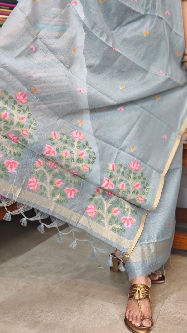 Grey Jamdani Linen Chanderi Suit - DL73 - 2