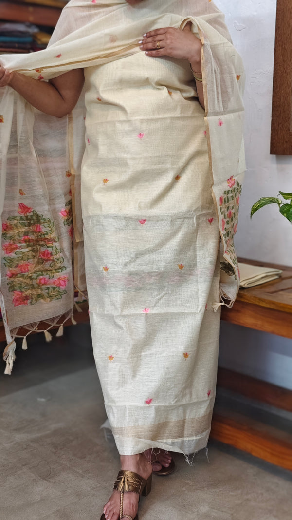 Cream Linen Chanderi Jamdani Suit - DL73 - 3