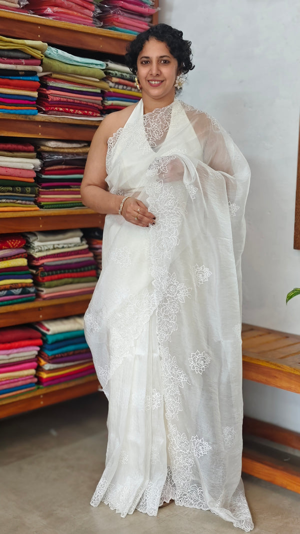 Milky White Crushed Organza Saree - R4311