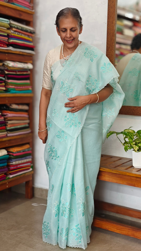 Aqua Blue Kota Saree with Embroidery - FXT4