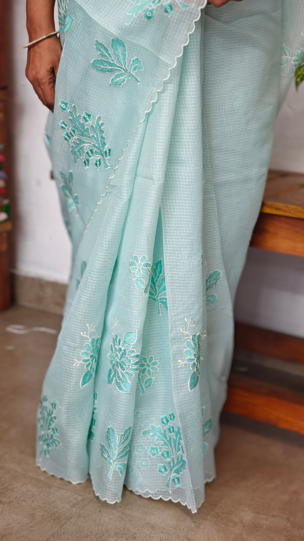Aqua Blue Kota Saree with Embroidery - FXT4