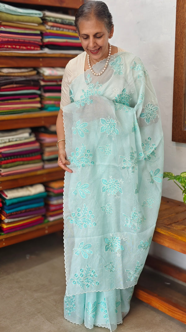 Aqua Blue Kota Saree with Embroidery - FXT4