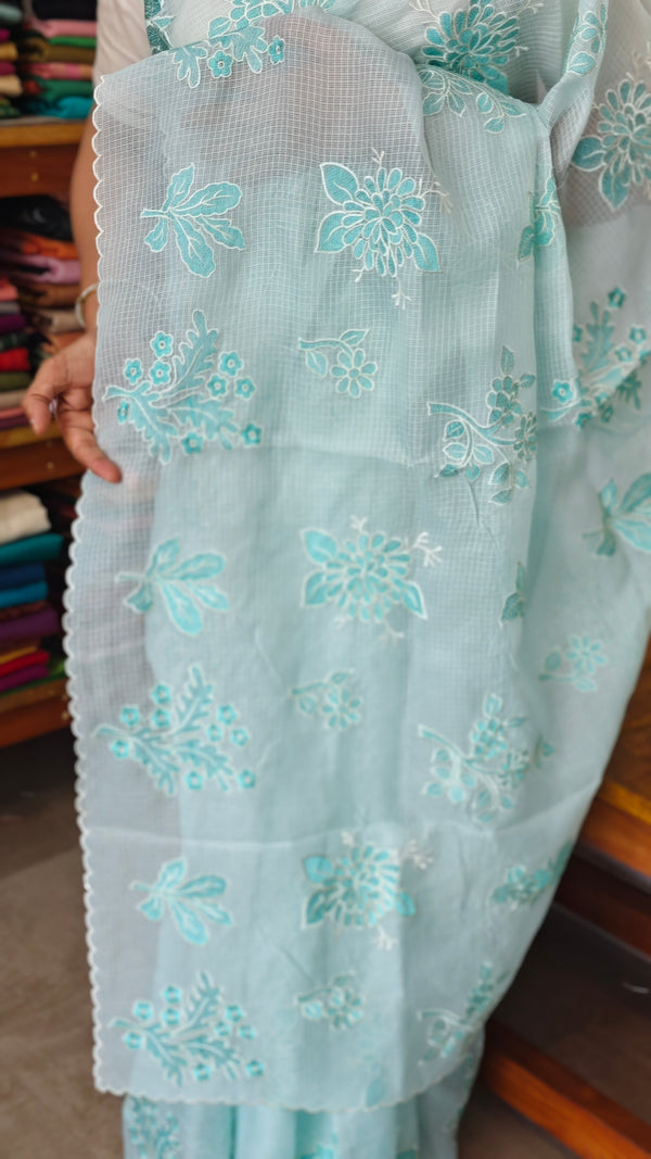 Aqua Blue Kota Saree with Embroidery - FXT4