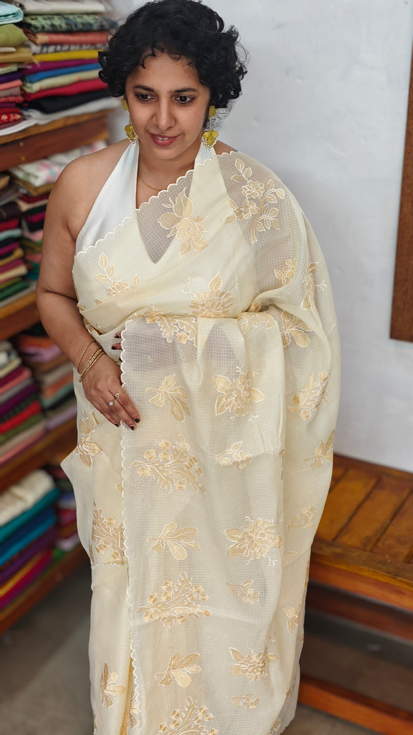 Pastel Yellow Kota Saree with Embroidery - FXT4