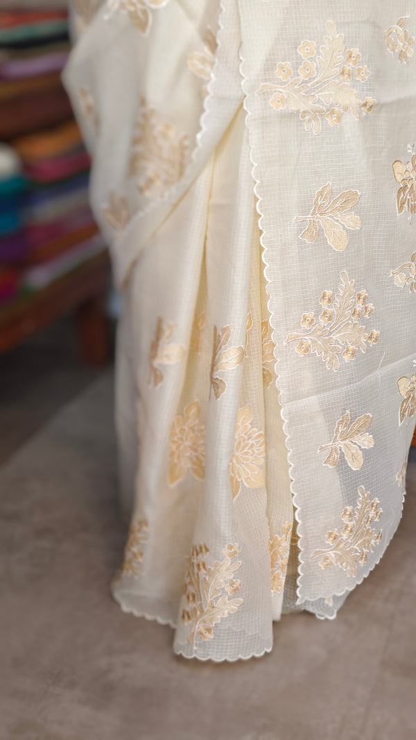 Pastel Yellow Kota Saree with Embroidery - FXT4