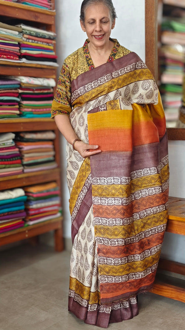 Pure Desi Tussar Silk Block Printed Saree