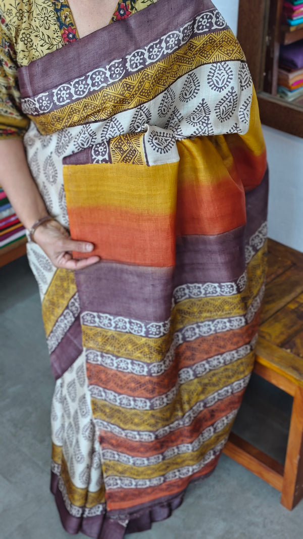 Pure Desi Tussar Silk Block Printed Saree