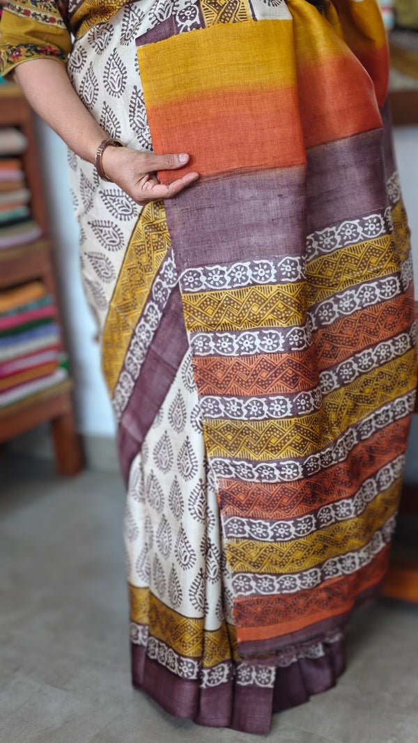 Pure Desi Tussar Silk Block Printed Saree